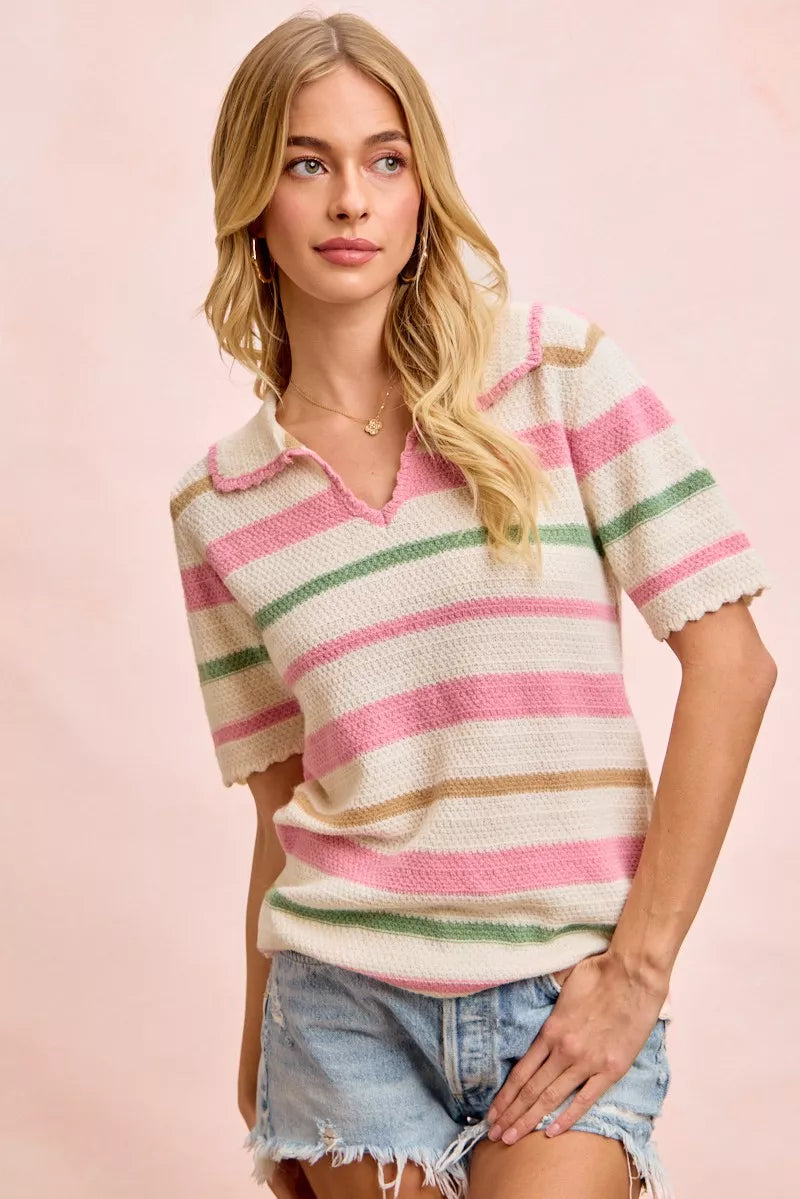Striped Collared Multi Color Knit Top -