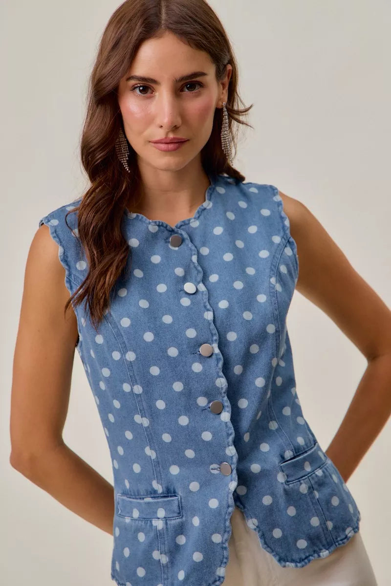Polka Dot Scalloped Denim Vest -