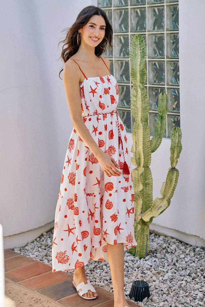 Shell Print Belted Midi Dress -