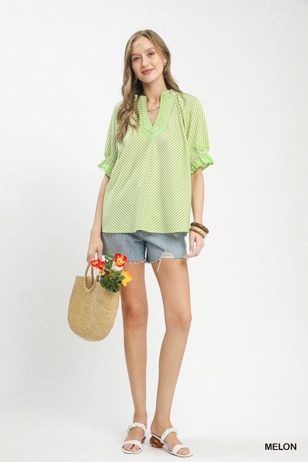 Stripe Ruffle Split Neck Blouse -