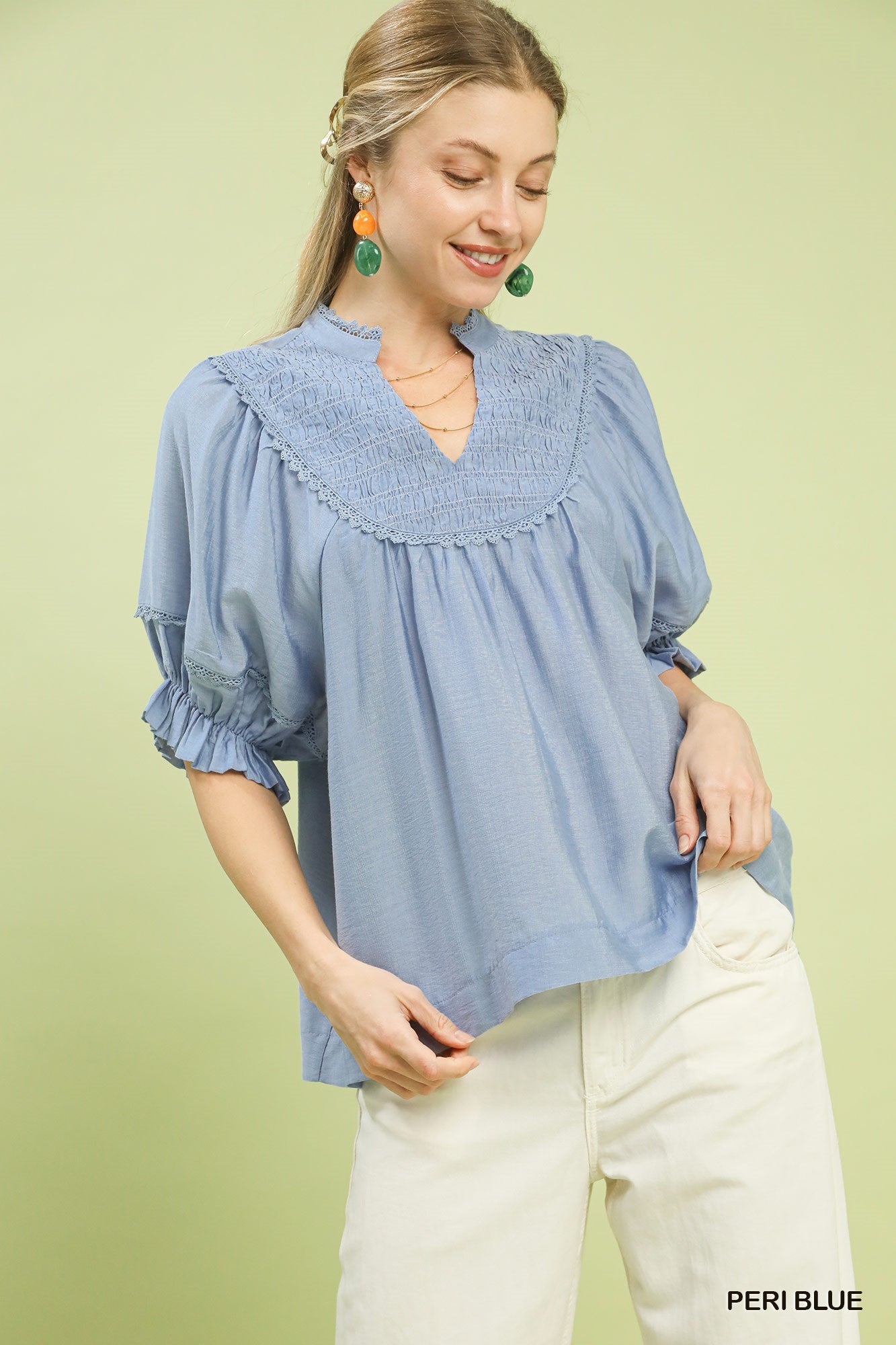Smocked Yoke Ruffle Sleeve Blouse - PERI BLUE Main image
