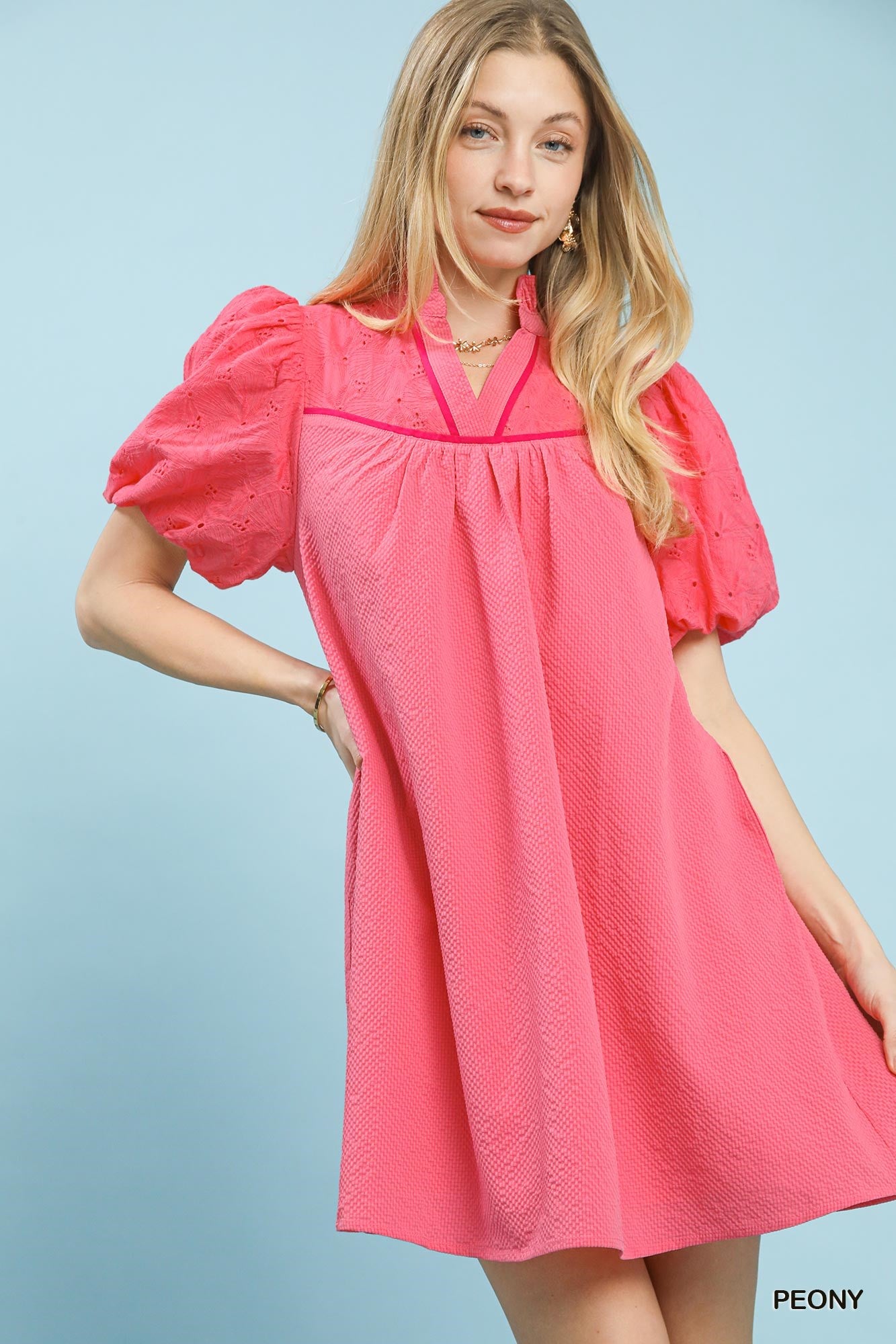 Peony Textured Puff Sleeve Babydoll Mini Dress -
