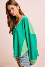 Textured Color Block V-Neck Pullover -
