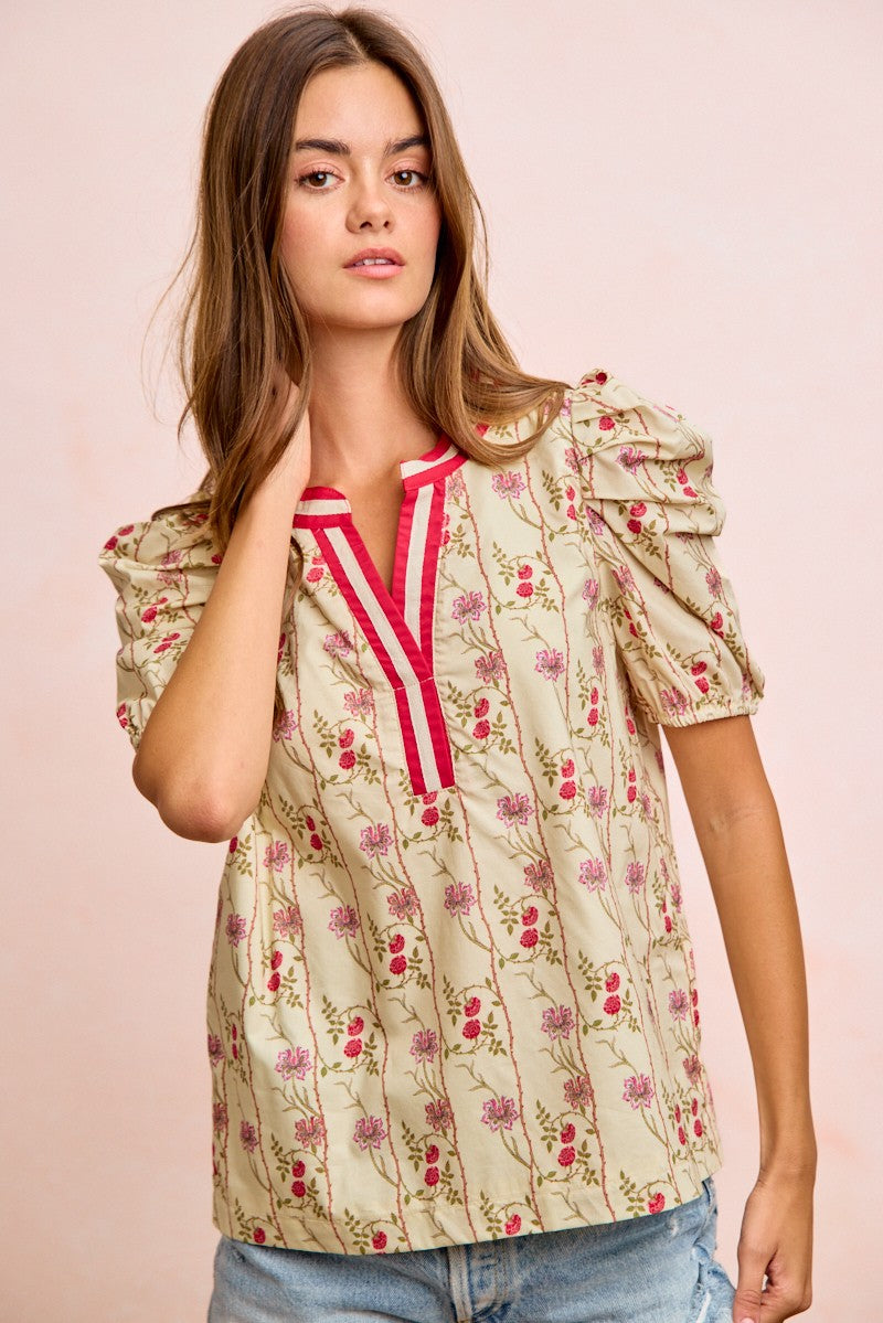 Floral Contrast Neck Puff Blouse -