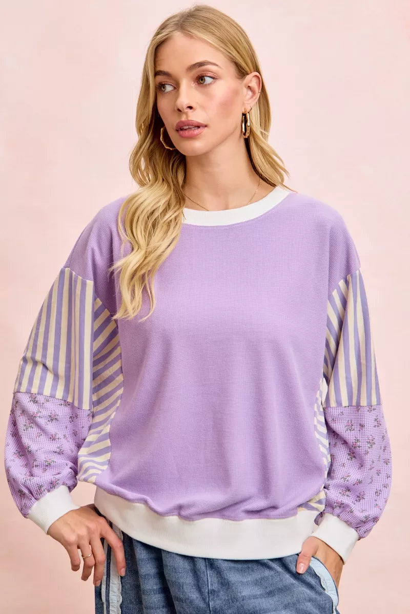 Floral Sleeve Striped Mix Match Sweatshirt - LAVENDER COMBO