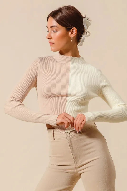 Fitted Color Block Crop Sweater -