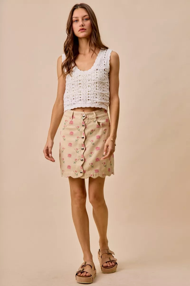 Rose Print Scallop Mini Skirt -