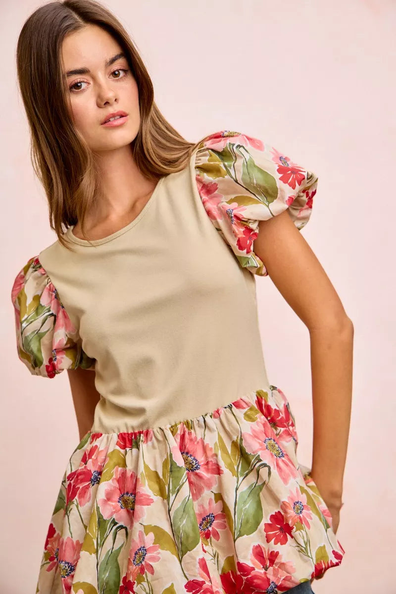 Floral Print Bubble Sleeve Peplum Top -