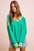 Textured Color Block V-Neck Pullover -