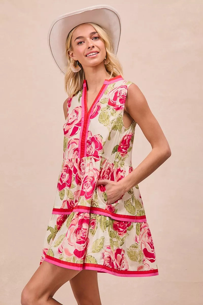 Floral Contrast Tiered Ruffle Mini Dress -