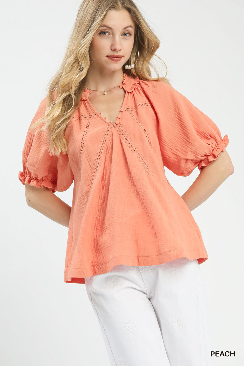 Cotton Gauze Ruffle Blouse - PEACH