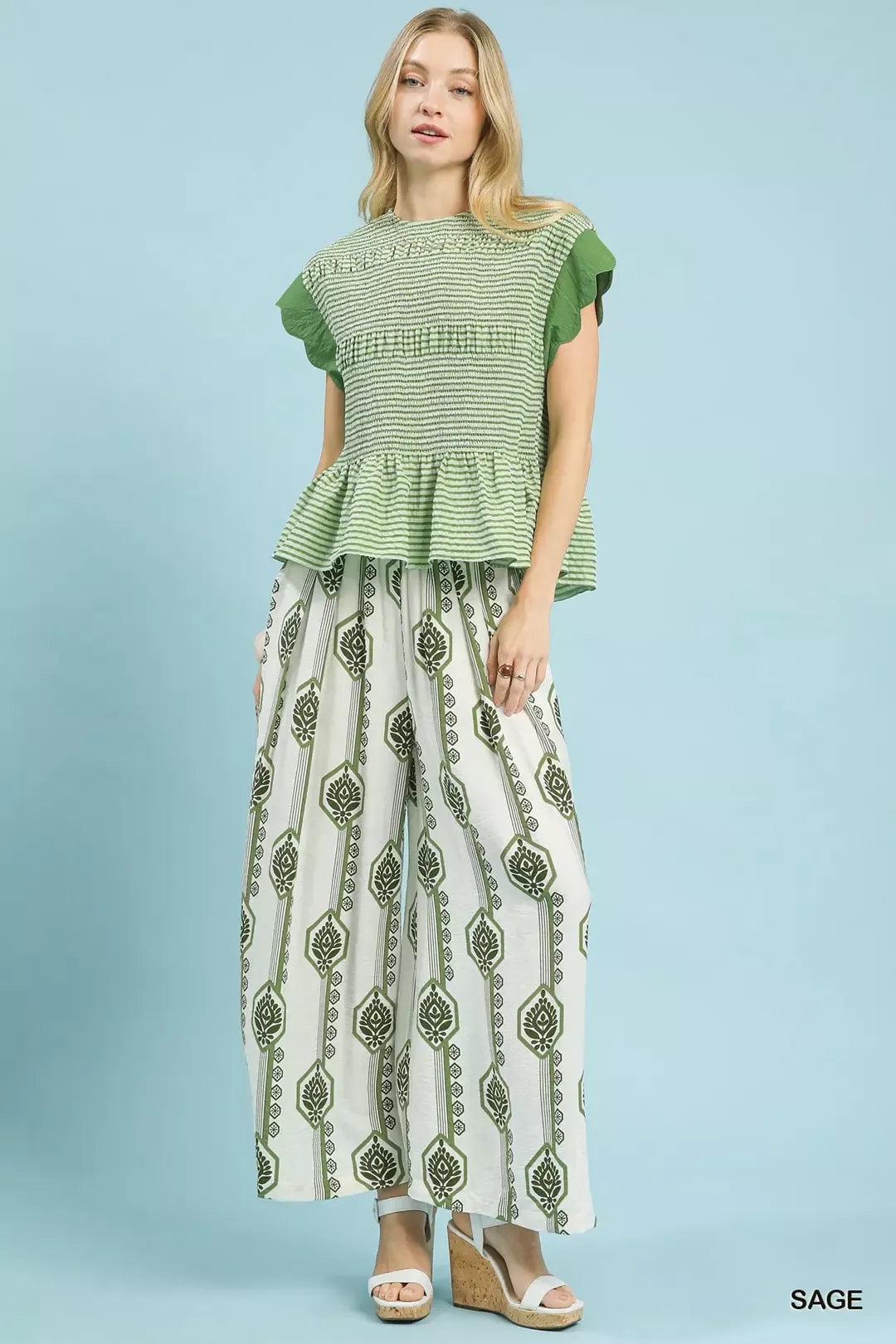 Geometric Print Wide Leg Pants - SAGE