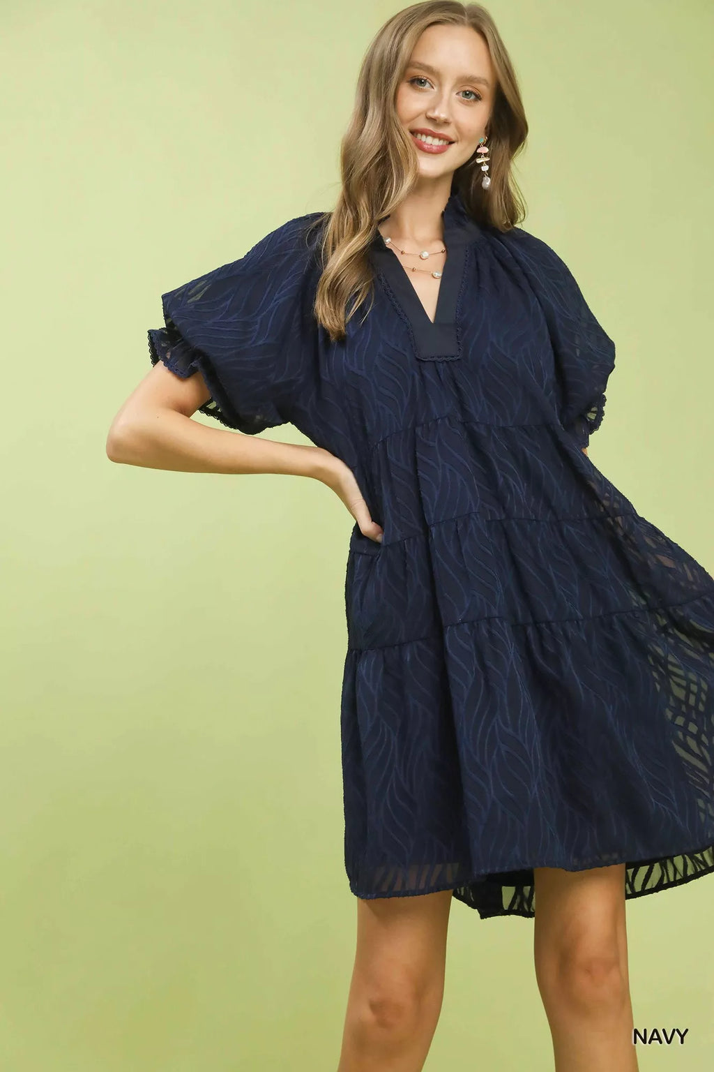 Textured Ruffle Collar Tiered Mini Dress -