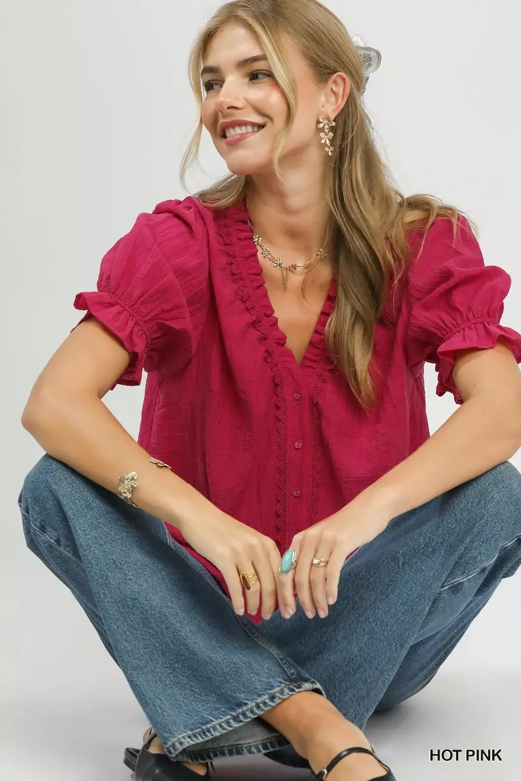 Textured Button Front Puff Sleeve Top -