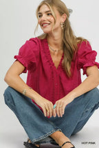 Textured Button Front Puff Sleeve Top -