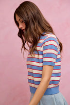 Striped Short Sleeve Knit Sweater -