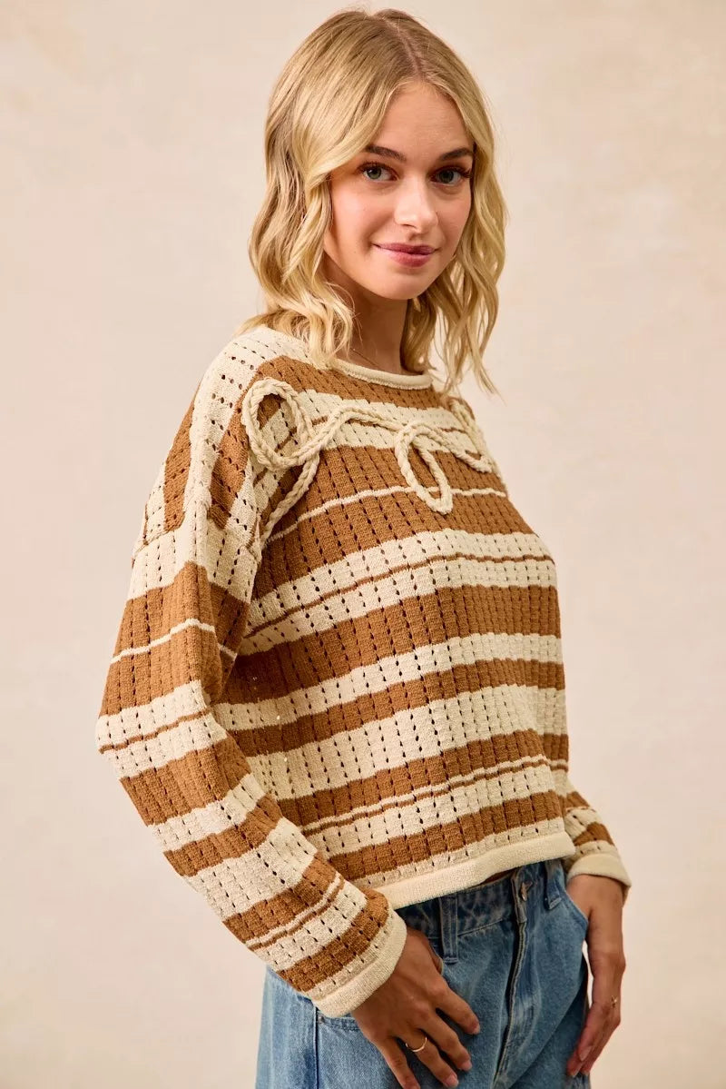 Striped Open Knit Braided Detail Sweater -