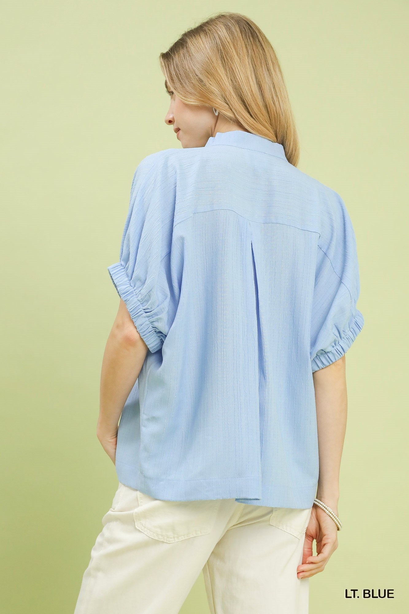 Textured Contrast Trim V-Neck Blouse -