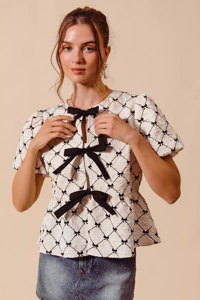Contrast Bow Textured Peplum Top Secondary image