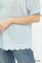 Textured Pintuck Scallop Hem Blouse -