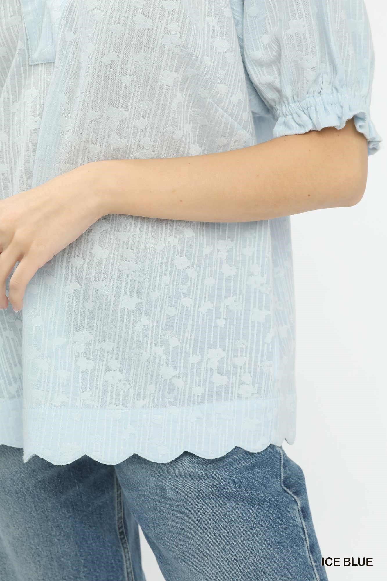 Textured Pintuck Scallop Hem Blouse -