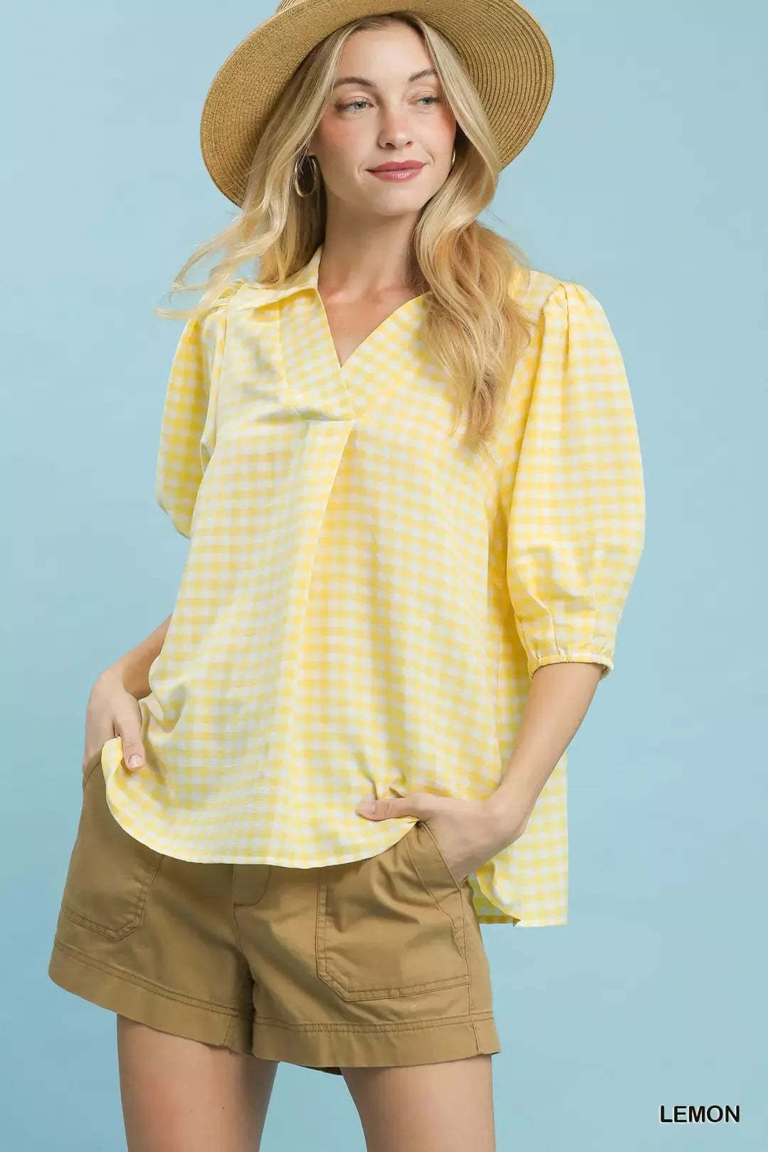 Lemon Gingham Collared Puff Sleeve Blouse - LEMON