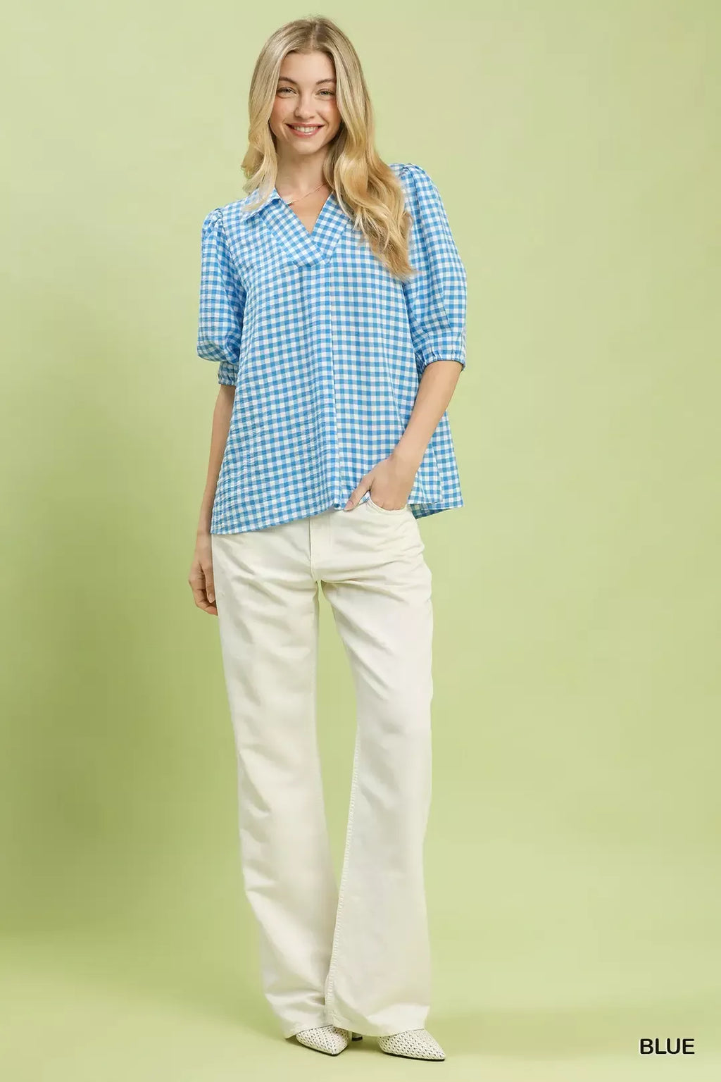 Blue Gingham Collared Puff Sleeve Blouse -