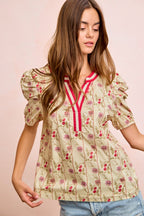 Floral Contrast Neck Puff Blouse -