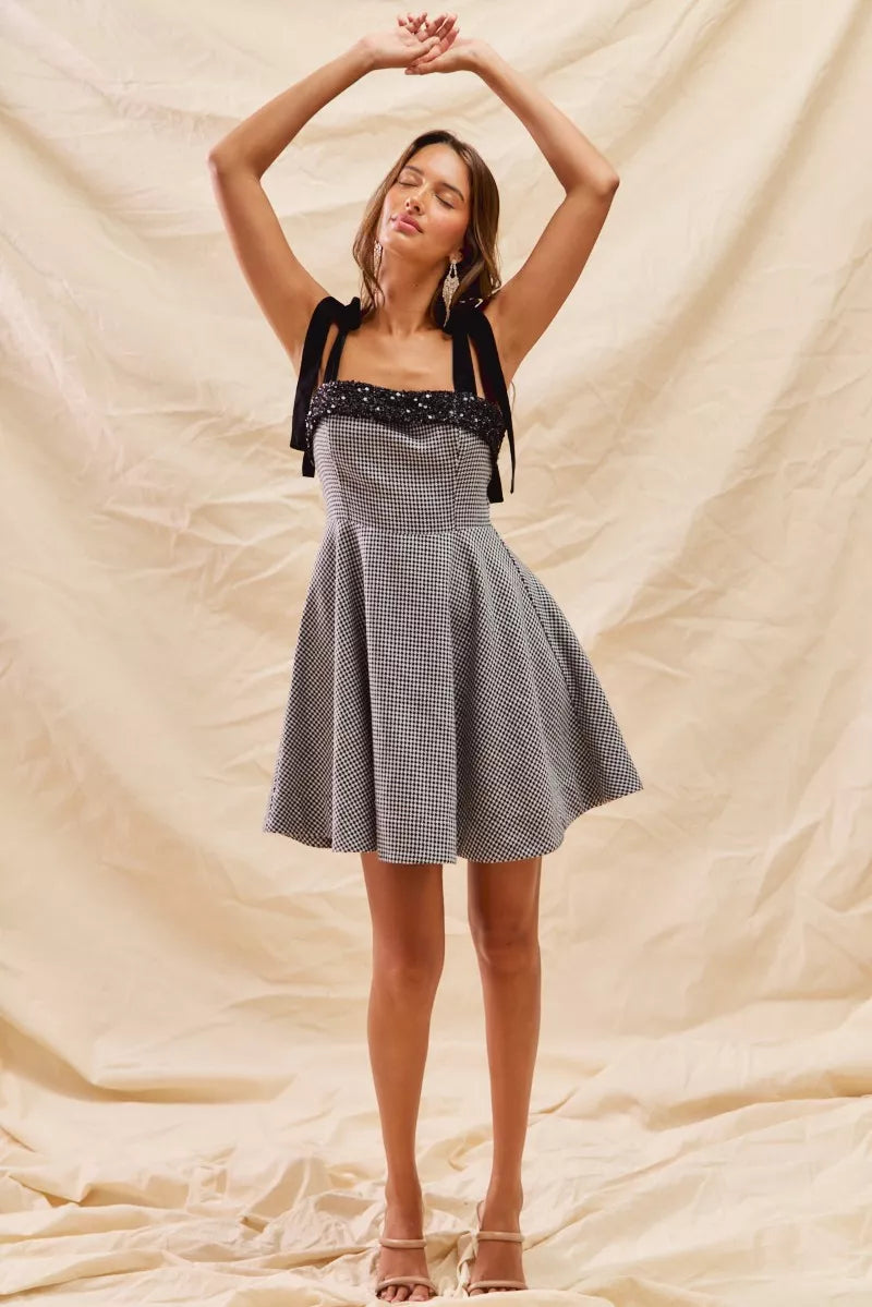 Houndstooth Fit Flare Shoulder Tie Dress -