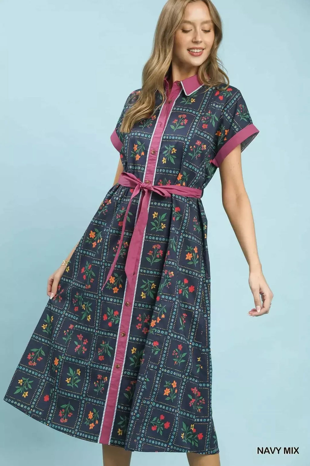 Mixed Floral Button Front Midi Dress -