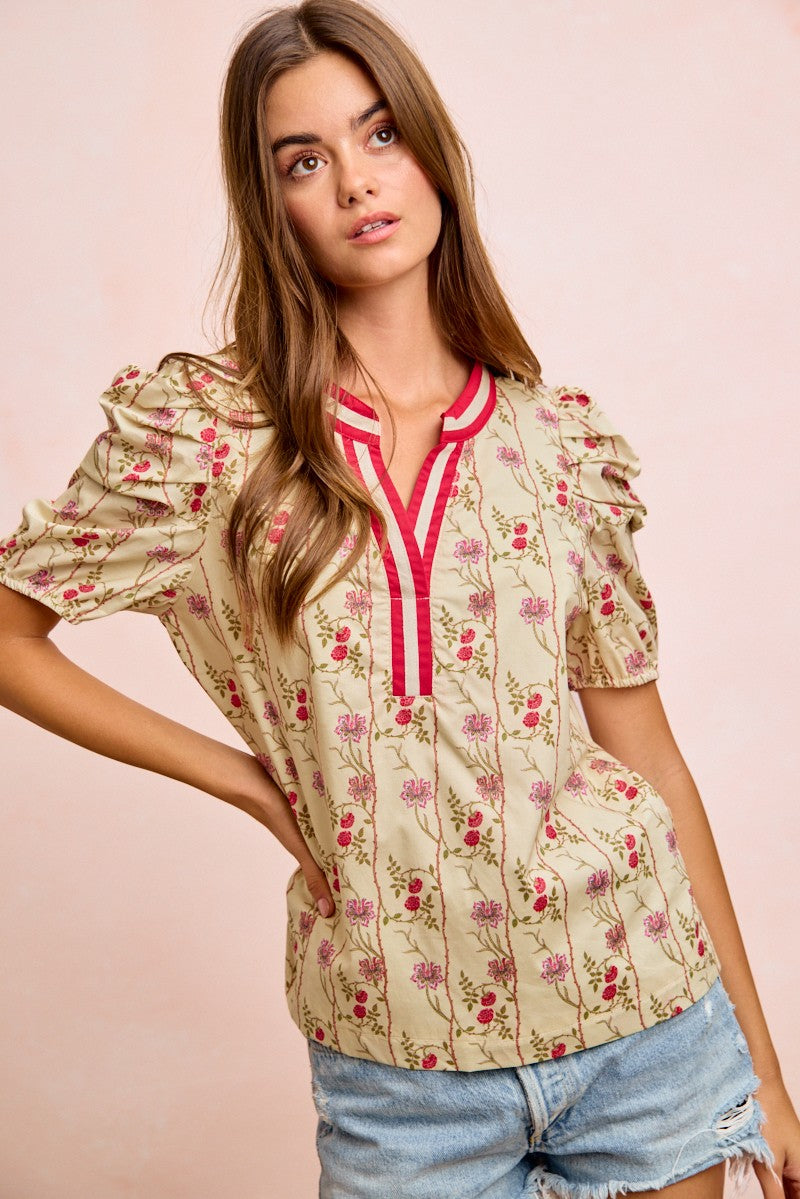 Floral Contrast Neck Puff Blouse -