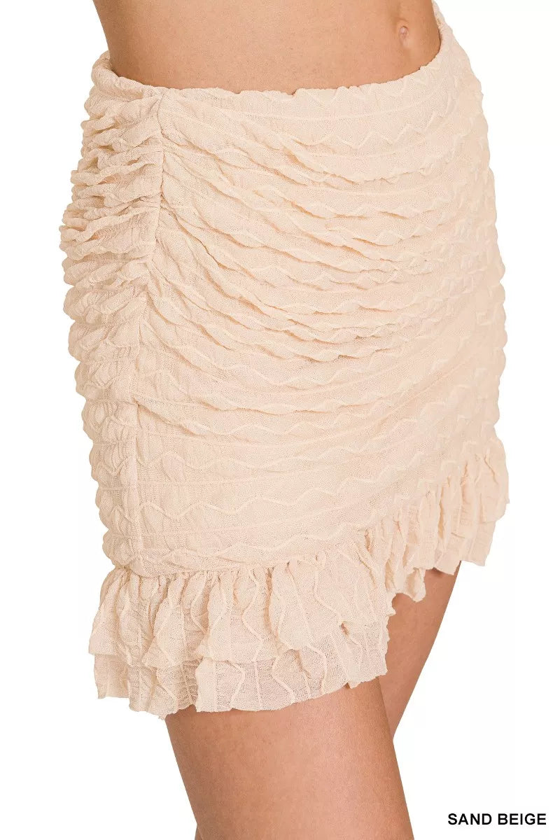 Sand Beige Ruched Mini Skort Ruffle Hem Skirt -
