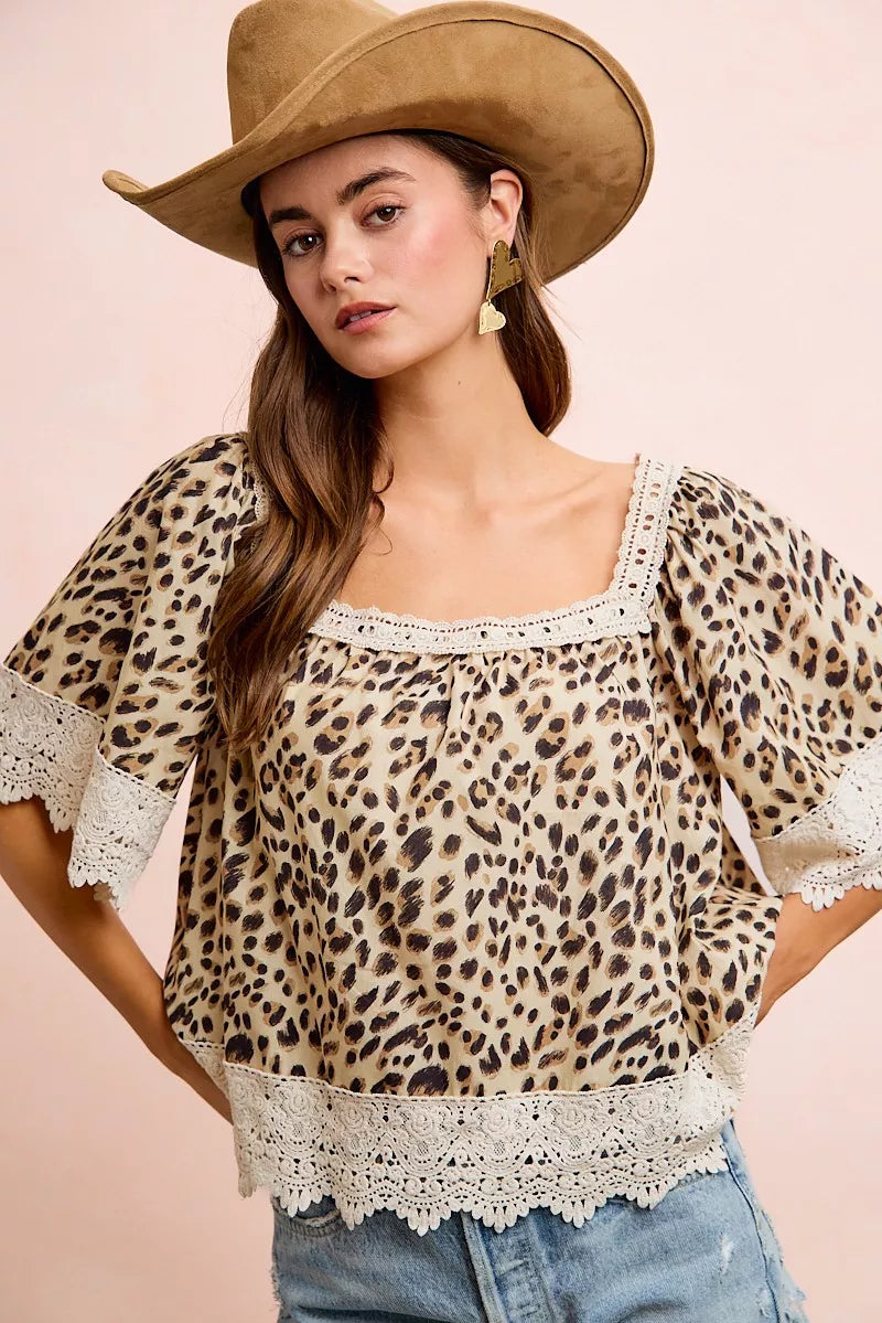 Leopard Lace Square Neck Blouse -