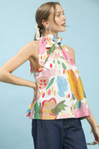 Abstract Floral High Neck Halter Top -