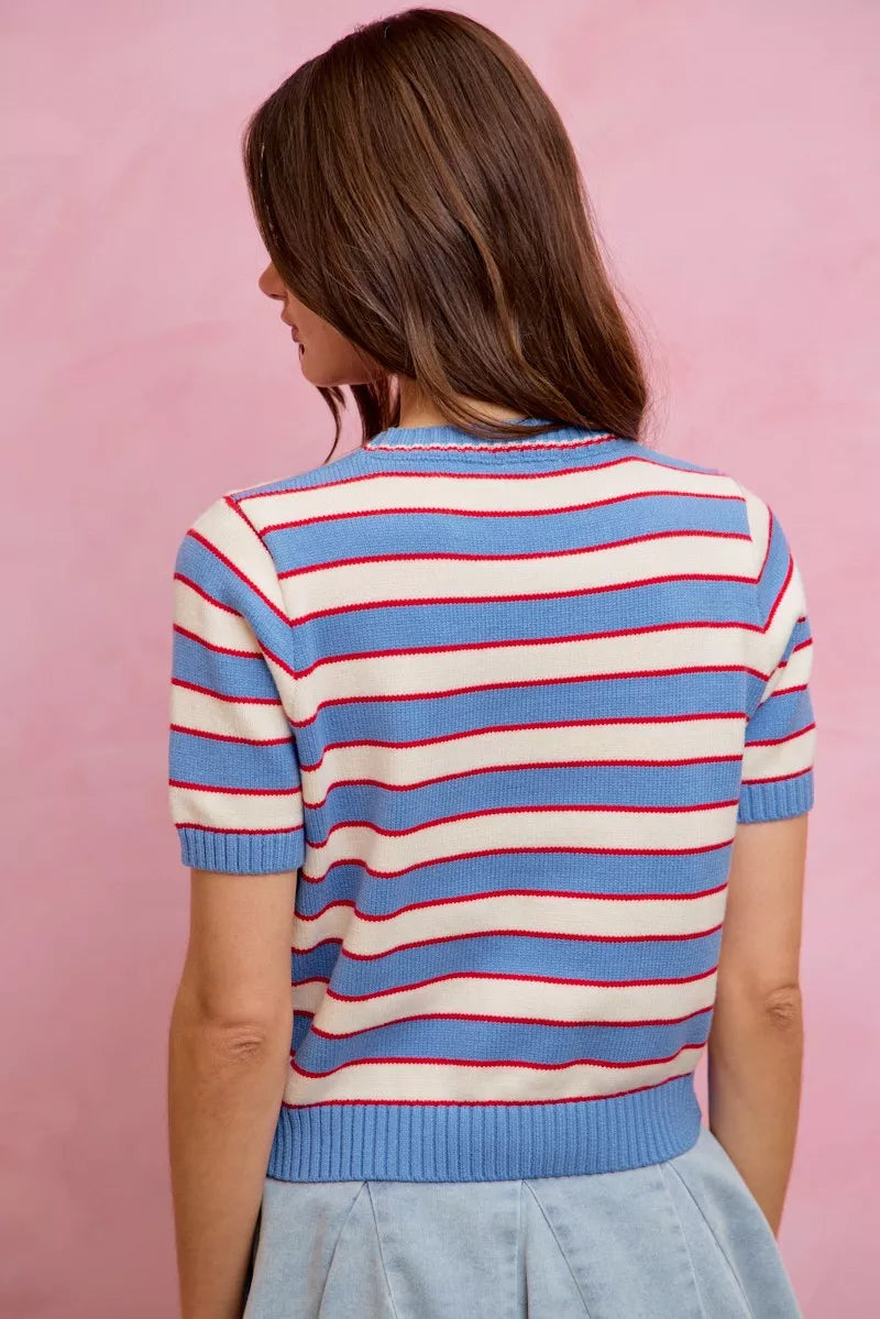 Striped Short Sleeve Knit Sweater -