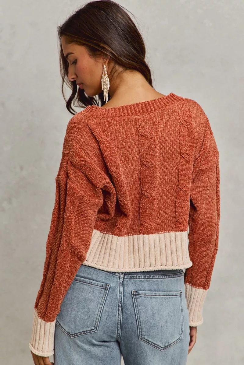 Chenille Cable Knit V Neck Sweater -