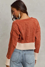 Chenille Cable Knit V Neck Sweater -