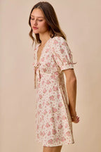 Cream Floral Lace Trim Mini Dress -