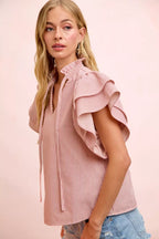 Striped Twill Ruffle Sleeve Blouse -
