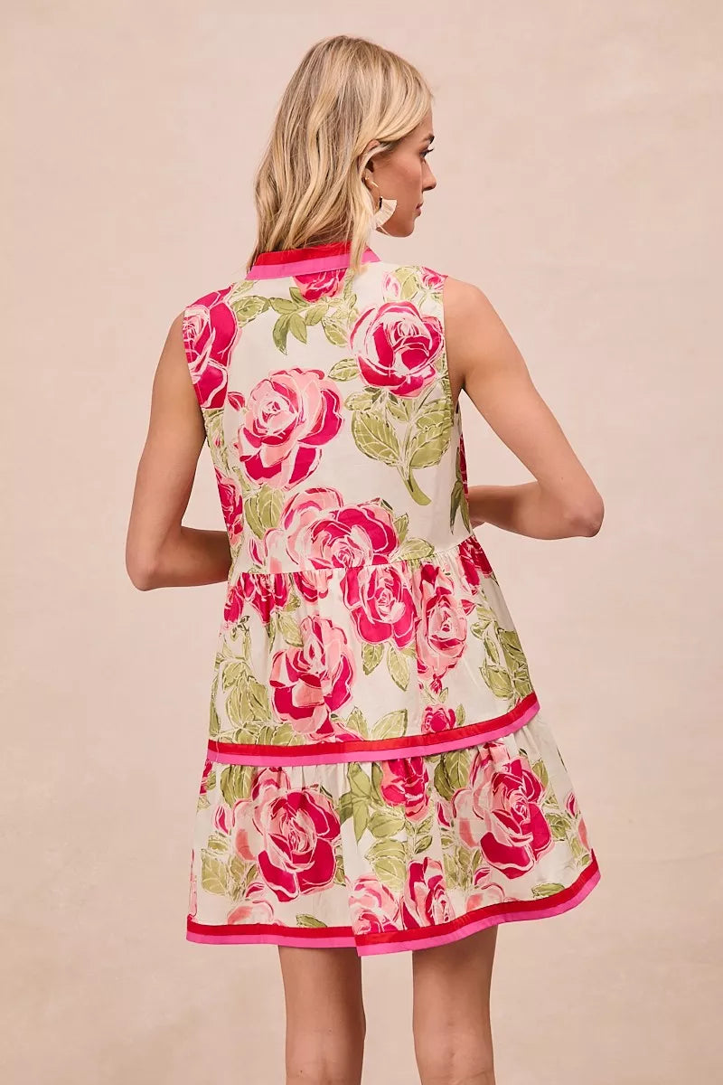 Floral Contrast Tiered Ruffle Mini Dress -