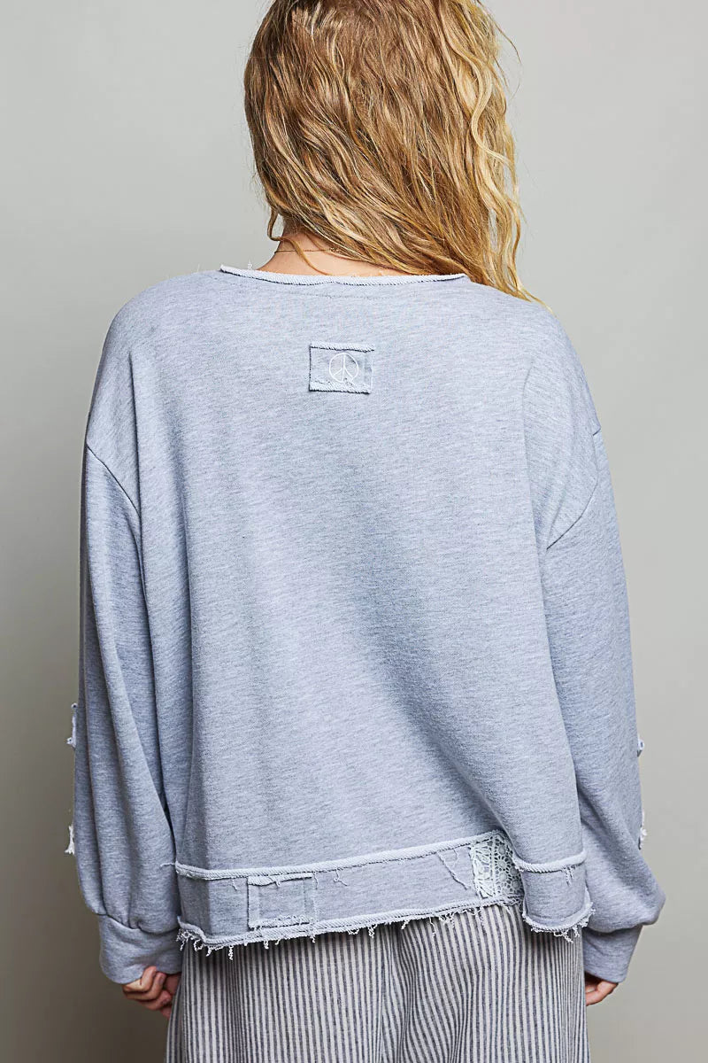 Crochet Patch V-Neck Wrap Sweatshirt -