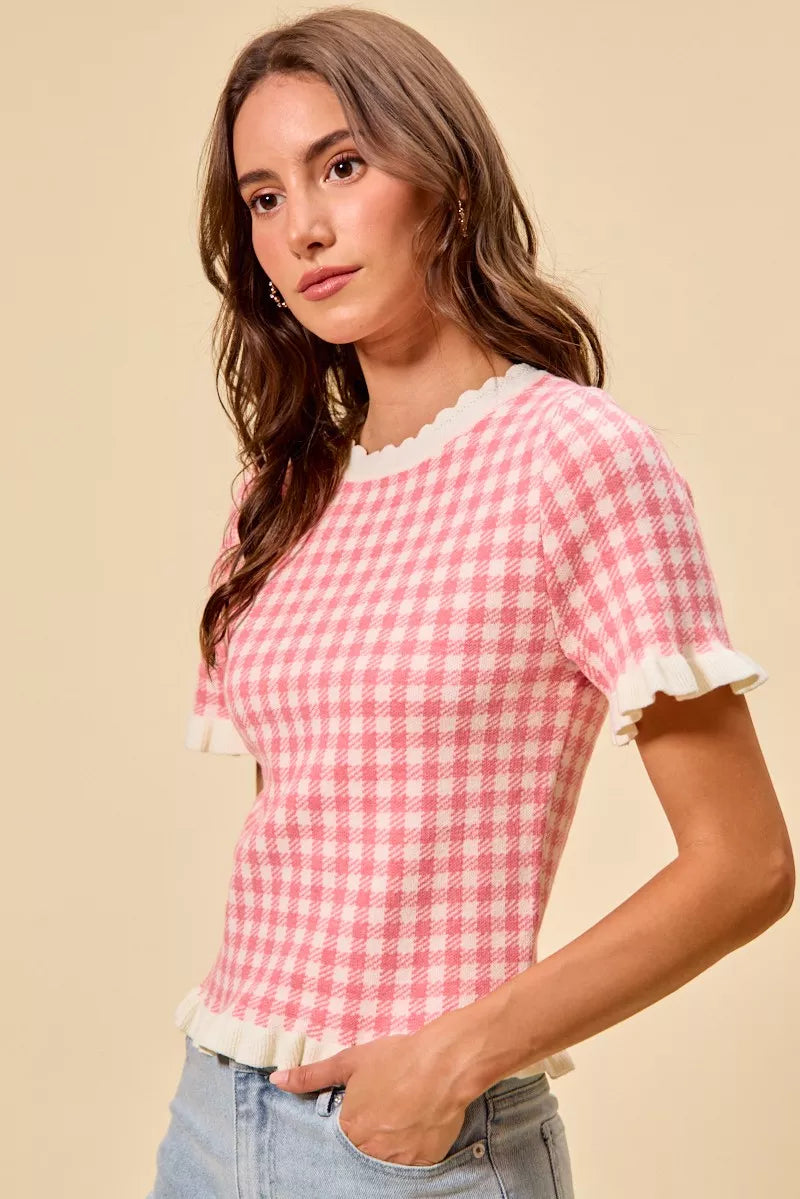 Gingham Ruffle Knit Sweater Top -