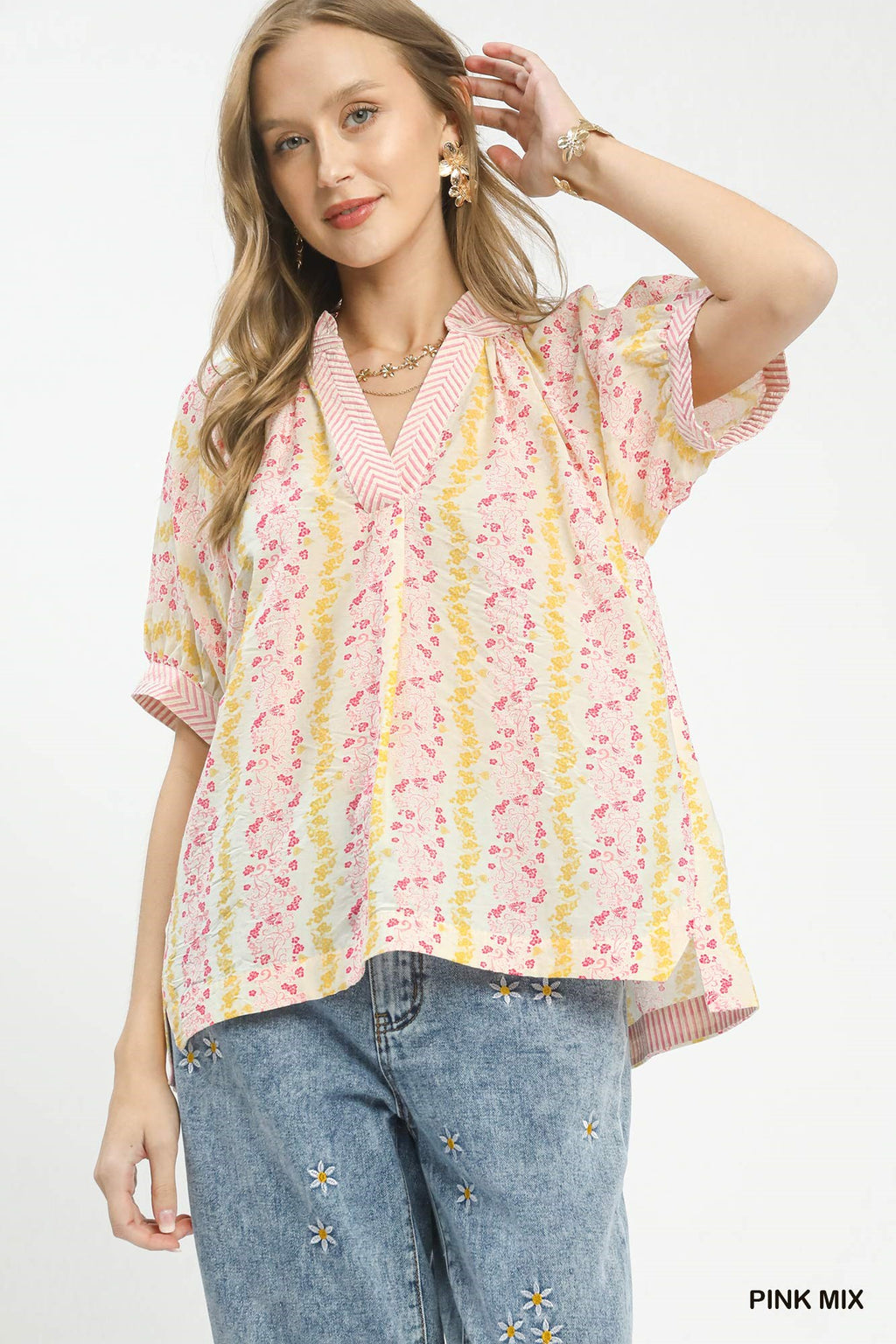 Boho Contrast Trim Split Neck Blouse - PINK MIX