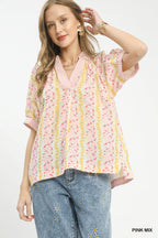 Boho Contrast Trim Split Neck Blouse - PINK MIX