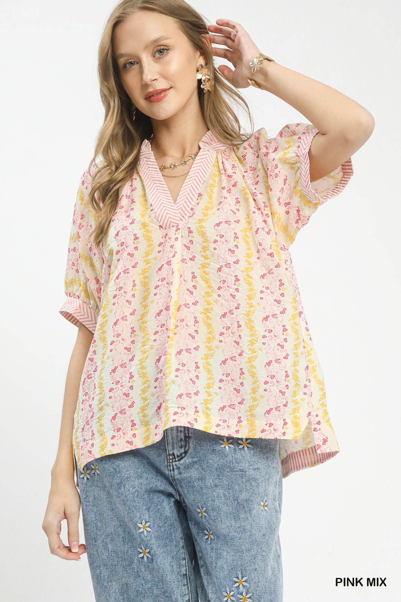 Boho Contrast Trim Split Neck Blouse - PINK MIX