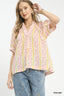 Boho Contrast Trim Split Neck Blouse - PINK MIX
