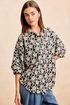 Floral Jacquard Short Dolman Sleeve Shirt -