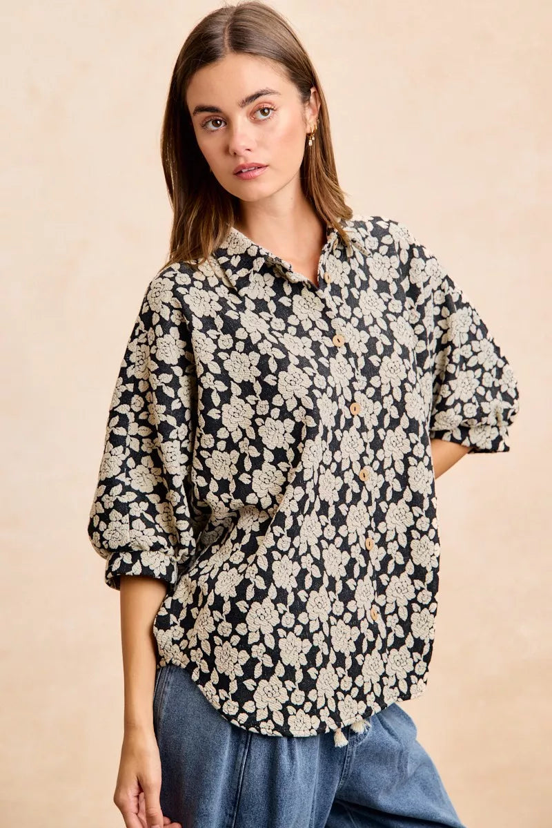 Floral Jacquard Short Dolman Sleeve Shirt -