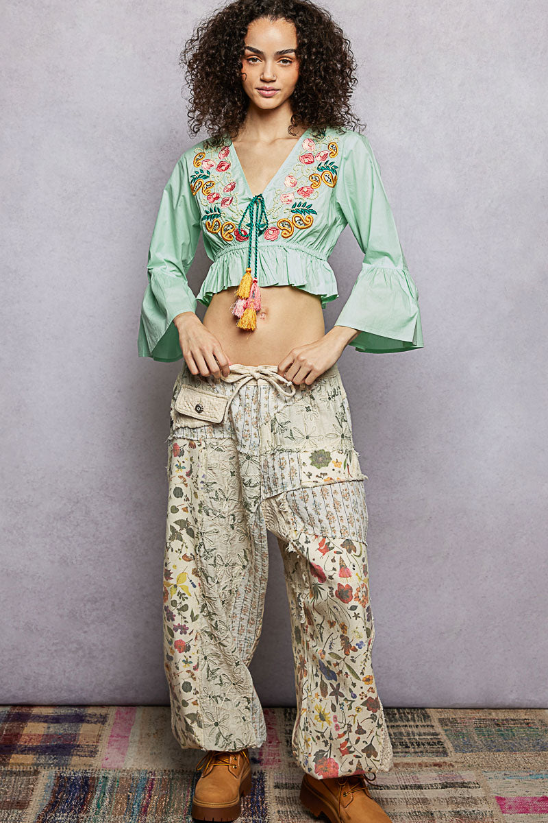 Mint Floral Embroidered Cropped Tie Blouse -