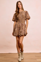 Leopard Smocked Puff Sleeve Mini Dress - LEOPARD